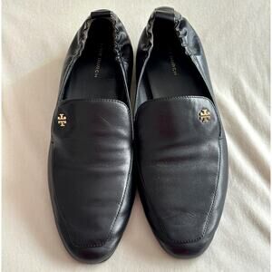 Tory Burch Kira Black Nappa Leather Women's Loafers Stretch Heel Gold Hardware